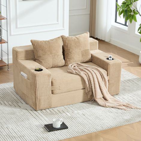 Fauteuil Pouf avec Poches Latérales, Assise Spacieuse, Deux Coussins Amovibles et Accoudoirs, Velours Côtelé, Kaki (1/5)