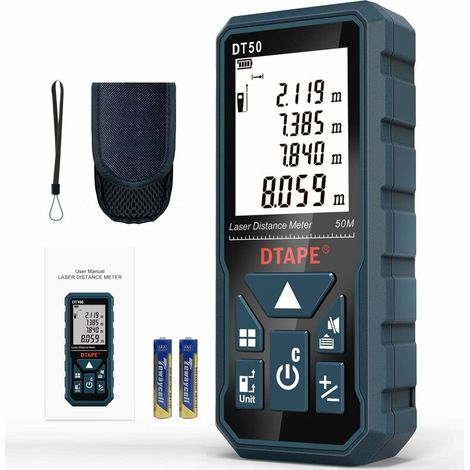 Télémètre laser numérique DTAPE DT50, portée 50 m, mesure de longueur/surface/volume/théorème de Pythagore, écran LCD rétroéclairé, indice de protection IP54