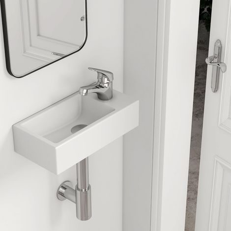 EMKE Lavandino – Mini lavabo sospeso per bagno & WC ospiti – 40 × 20 × 10 cm – Lavabo in ceramica di alta qualità – rettangolare rubinetto foro destro – bianco (1/5)