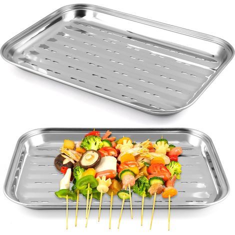 2-teilige Grillplatten, Edelstahl, 34,9 x 24,5 x 2,7 cm, perforierter Grillrost, abgerundeter Rand, für Gas-, Elektro- und Holzkohlegrills (1/5)