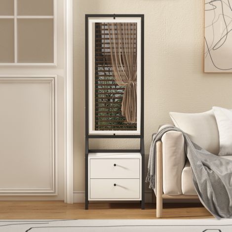 Armoire à bijoux pivotante à 360° avec miroir en pied, 2 tiroirs inférieurs, rotation libre, grand espace de rangement (1/5)