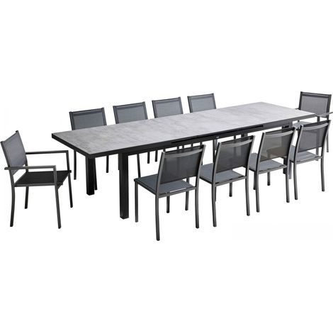 Ensemble table de jardin avec 8 chaises et 2 fauteuils béton