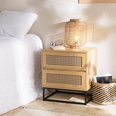 CHARLIE - Table de chevet bois 2 tiroirs effet cannage marron (1/5)