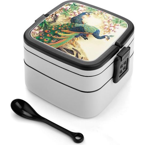 Boîte à bento empilable double compartiment étanche, motif paon (1/5)