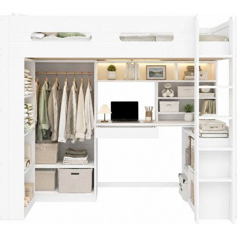 Lit mezzanine 90 x 200 cm avec bureau intégré, rangement, 1 tiroir, étagères, placard ouvert, LED Bluetooth et port de charge, pour petit espace, blanc - CHICFURN (1/5)