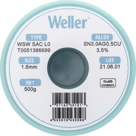 Weller T0051386699 Lötzinn, bleifrei Spule, bleifrei Sn3,0Ag0,5Cu  500 g 1.60 mm
