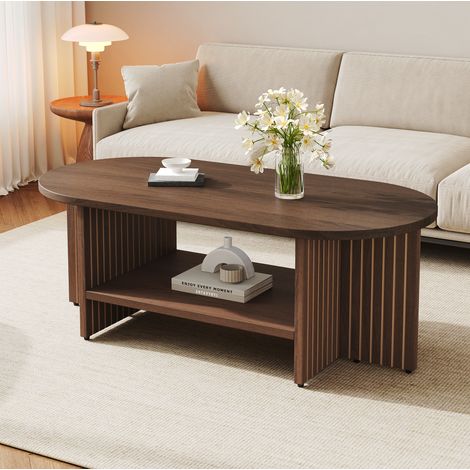 MODFU – Tavolino ovale 100x40x35 cm in MDF noce con mensola e design scanalato, carico 50 kg – Noce (1/5)