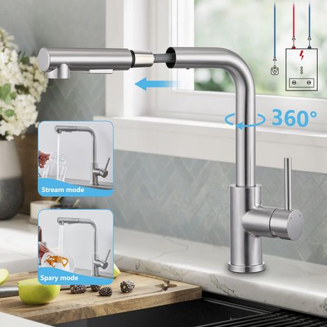 Mitigeur Cuisine Inox Brossé avec Douchette Extractible, Basse Pression pour Chauffe-eau, 2 Jets, Rotation 360°, Design Moderne (1/5)