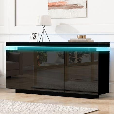 Aparador con 2 Puertas y 3 Cajones, Iluminación LED, Acabado Brillante, para Salón, Tablero Aglomerado, Negro, 140 × 35 × 72.5 cm (1/5)