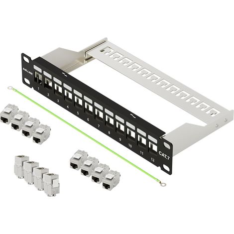 Kit de panneau de brassage CAT7 à 12 ports - Montage en rack 1U 10" - 12 modules Keystone RJ45 - 10 Gbit/s 600 MHz - Noir (1/5)