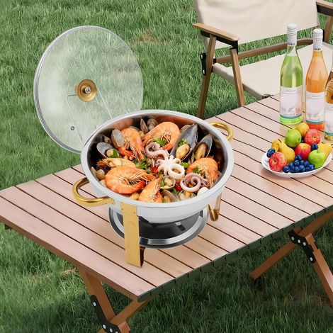 Edelstahl Chafing Dish Rund, 5L Speisenwärmer Buffetwärmer Wärmebehälter mit Glas-Sichtdeckel und Deckelhalter für Hotel Catering Buffet Hochzeit und Pa (Gold) (1/5)