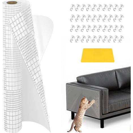 Protection Canape Chat Anti Griffe, 45x500cm, Griffoir Chat Canapé avec Lignes de Coupe, 40 Vis et 1 Grattoir, Protège Canapé, Film Autocollant Meuble Transparent, Protege Mur Cuisine Porte Comptoirs (1/5)