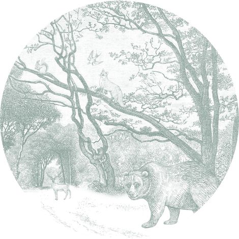papier peint panoramique rond adhésif forêt avec des animaux de la forêt vert  - ESTAhome (1/5)