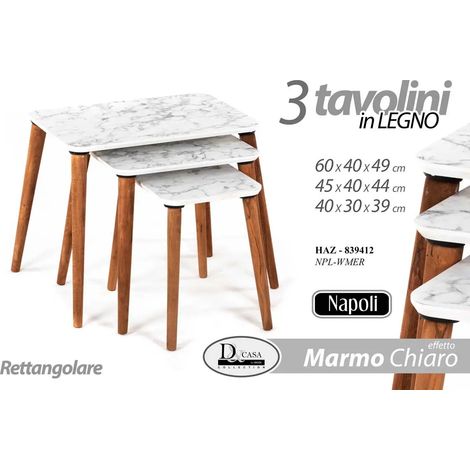 Set de 3 mesas nido Napoli en efecto mármol claro, 60x40x49 cm, 45x40x44 cm, 40x30x39 cm