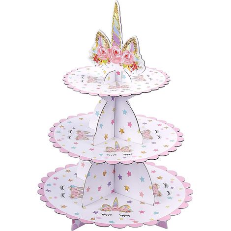 Présentoir à cupcakes licorne (30 x 35 cm) à 3 étages en carton, idéal pour une baby shower, un anniversaire d'enfant ou toute autre fête à thème. (1/5)