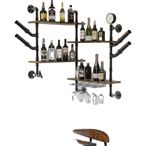 Étagère à vin murale, étagères flottantes avec support en verre, style industriel vintage, Brun Rustique, M, 4-niveaux (1/2)