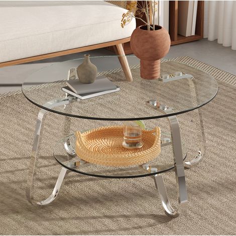 Runder Couchtisch mit doppelter Ablage aus gehärtetem Glas und silbernem Metall OKMYHOME (1/5)