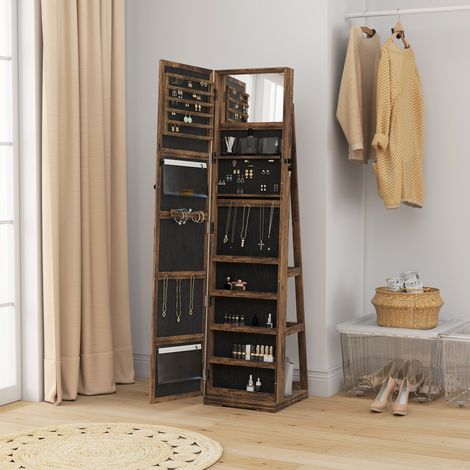 Mobiletto portagioie girevole a 360° con specchio e serratura, 38x38x160 cm, marrone rustico.
