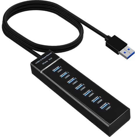 7 Port Hub USB 3.0 avec Câble 1,5 m, USB Adaptateur Multiport à Haute Vitesse 5Gbps avec Port d’Alimentation, Compatible MacBook/PS4/Xbox/Surface Pro/Disque Dur/Clavier/Souris/Clé USB-3.0/PC (1/5)