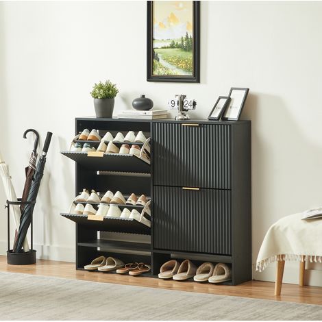 Portascarpe 120x24x102 cm nero in MDF con anta ribaltabile, ripiano regolabile, anti-ribaltamento e piano d'appoggio (1/5)