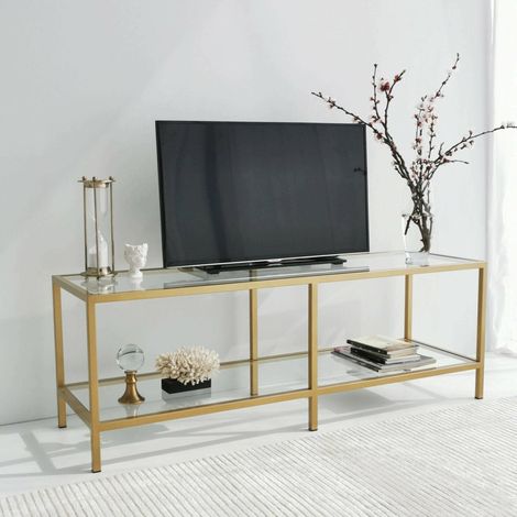 Dmora - Mueble de televisión Dklaasse, Aparador de salón, Mueble bajo para TV, Base de pared equipada, 130x40h45 cm, Oro (1/5)
