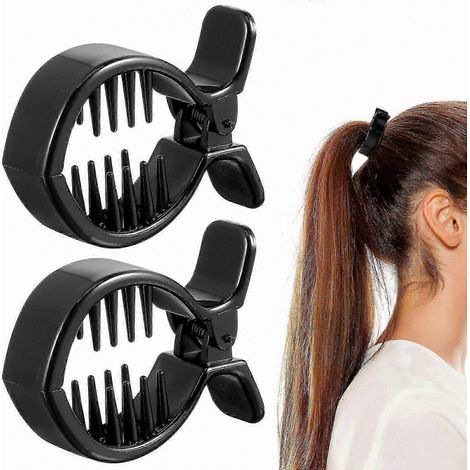 Set mit 2 schwarzen Haarspangen mit innenliegenden Zähnen für Pferdeschwänze, starker Halt, Fischgrätenmuster (1/4)