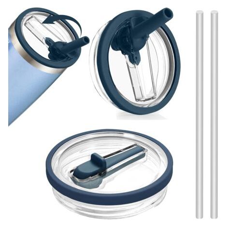 QORVA-Lot de 2 couvercles de rechange étanches bleu foncé (8,5 x 8,5 x 1,5 cm) pour gobelets de 30 oz, couvercles étanches avec 2 pailles (1/5)