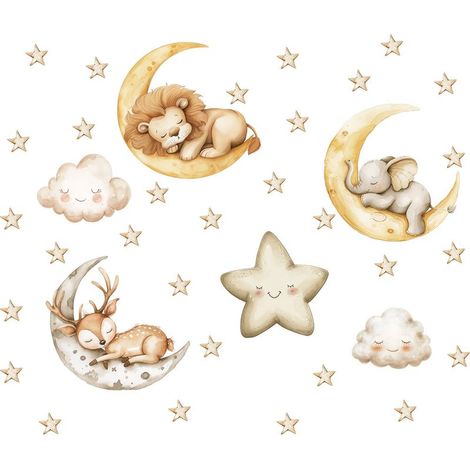 Stickers Muraux Enfants Animaux Endormis Cerf Autocollants Muraux Mural Stickers Lune Nuage pour Chambre Enfants Fille Bébé Pépinière (1/5)