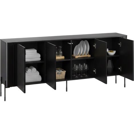 Credenza Laion, Madia da salotto con quattro ante battenti, Rialzata da terra, 190x40 h80 cm, Nero