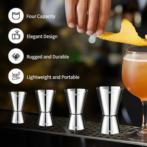 4-teiliges Cocktail-Jigger-Set (3 cl, 4 cl, 5 cl, 6 cl), Doppelter Cocktail-Jigger aus Edelstahl mit 4 Ausgießern und 2 Bürsten, für Bar, Party, Wein und Cocktails (1/5)