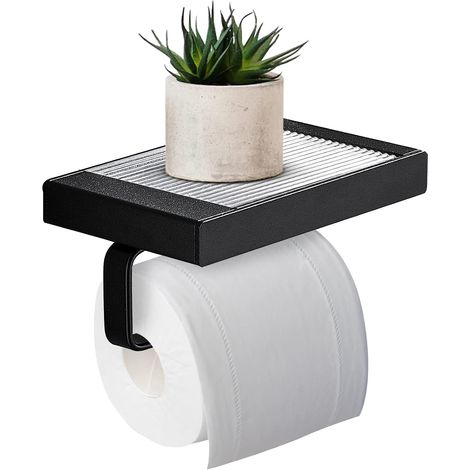 Porte-papier toilette avec étagère, porte-papier toilette sans perçage, porte-rouleau de papier toilette autocollant pour salle de bain, support de papier toilette, aluminium + acrylique, noir (1/5)