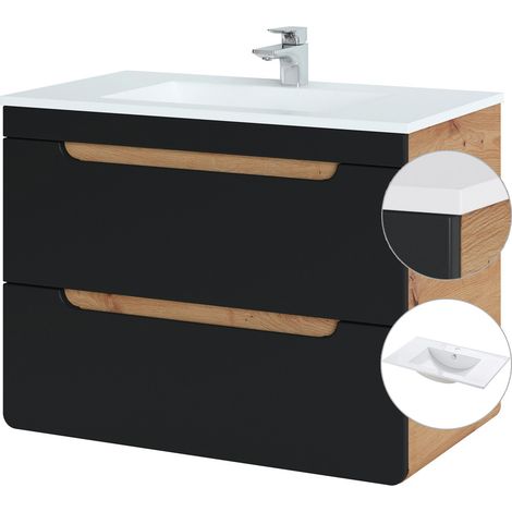 Waschtischunterschrank 80 cm mit Keramik-Becken NEW-LUTON in seidenmatt anthrazit mit Wotan Eiche Nb., B/H/T ca. 81/60,8/46 cm (1/5)