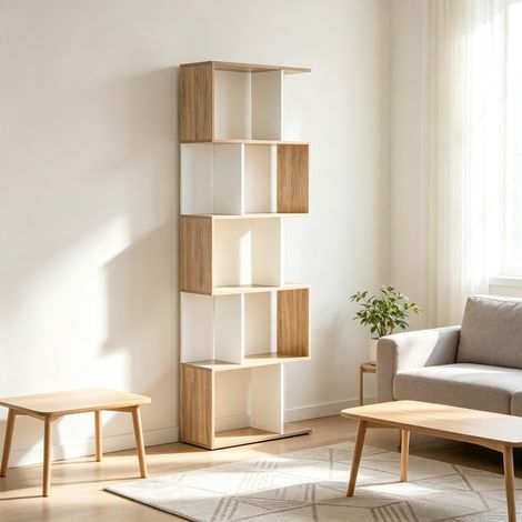 Estantería para libros (60x24x184.5 cm), de 5 niveles en S, multifuncional, tablero de partículas, roble y blanco (1/5)