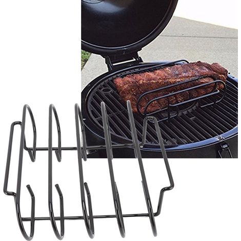 Grillrost 4-stufiger vertikaler Grillrost, kompakt und tragbar, aus schwarzem Eisen, wiederverwendbarer Rippchenrost für Camping und Grillen, tragbarer Mehrzweck-Grillrost aus Edelstahl, Grillzubehör (1/5)