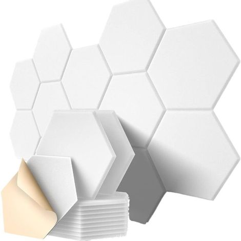 Lot de 12 panneaux acoustiques insonorisants, panneaux insonorisation autocollants, panneaux hexagonaux, 30x 25 cm, pour maison, studio, bureau, Blanc (1/5)