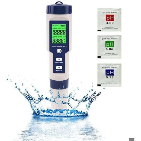 Ph-mètre électronique 5 en 1 – Mesure pH, TDS, EC, salinité, température – Rétro-éclairage LCD – Précision 0.01 pour aquariums et (1/5)