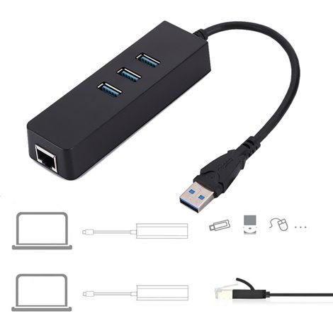 Adaptateur USB 3.0 vers Ethernet Gigabit avec 3 Ports Hub - DM HE27 - Connexion RJ45 Plug & Play (1/5)