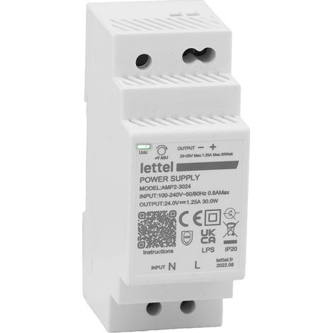 LETTEL - Alimentation 230Vca/15Vcc, puissance 30W. Fixation rail-din, largeur 2 modules. - AMP2-30-15