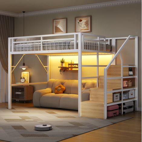 Cama alta 140 x 200 cm en metal y MDF, con tira LED, escalera con almacenamiento, blanca OKMYHOME (1/5)