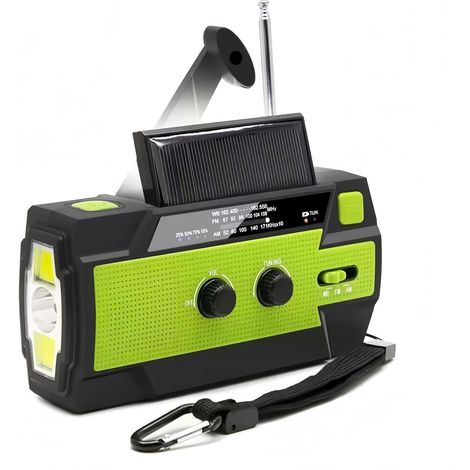 AM/FM/WB-Notfallradio mit Wetterempfang, 4000 mAh Akku, Handkurbel, Solarbetrieb, 3 LED-Taschenlampen, SOS-Alarm, USB-Handyladegerät – Grün