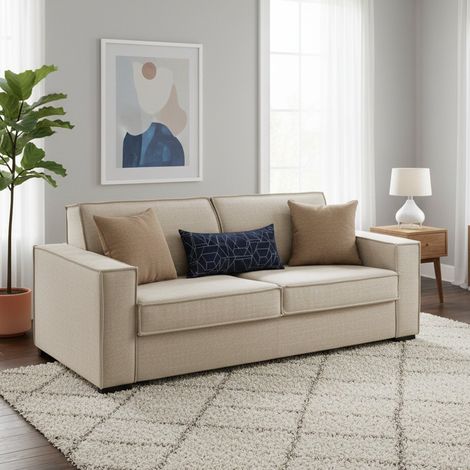 Dmora - Canapé Daad, Canapé 3 places, 100% Made in Italy, Canapé de salon à ouverture pivotante, en tissu matelassé, avec accoudoirs fins, Cm 200x95h90, Beige (1/5)