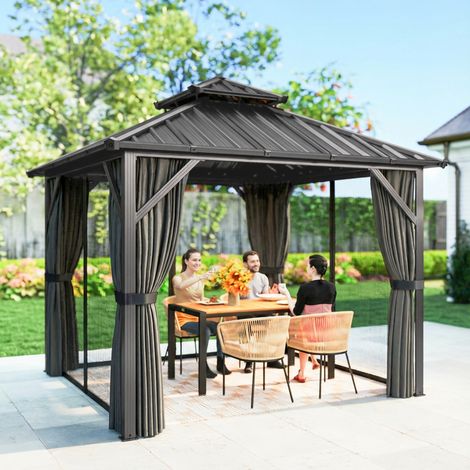 Pavillon 3x3m - Toit Rigide, Cadre Aluminium, Toit Double Acier Galvanisé, Gris Foncé
