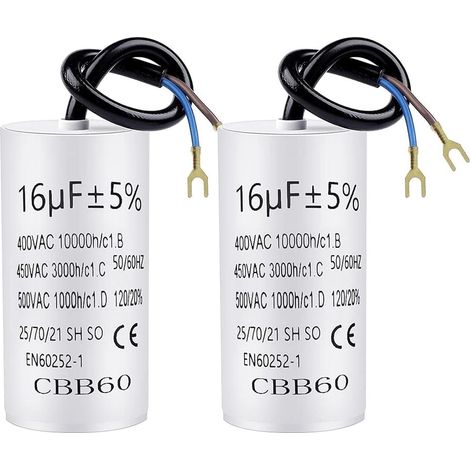 Lot de 2 condensateurs CBB60 16 µF 450 V 50/60 Hz avec câble de raccordement de 20 cm et cosses de câble Condensateur de démarrage 16 µF 74 x 37 mm (1/5)