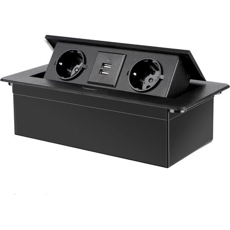 Enchufe empotrado con 2 tomas de corriente y 2 puertos USB, ideal para encimeras y escritorios, color negro.