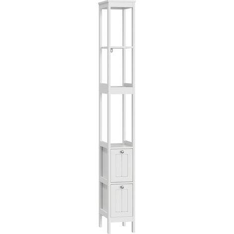 Colonne de salle de bain étroite avec 2 tiroirs et 3 étagères, MDF blanc, 20 x 30 x 160 cm (1/5)