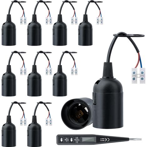 10 PCS E27 Support d'ampoule, Douille de rénovation avec Tension VDE/Testeur de Phase, Douille de chantier, Lampe E27 avec câble (Noir) (1/5)