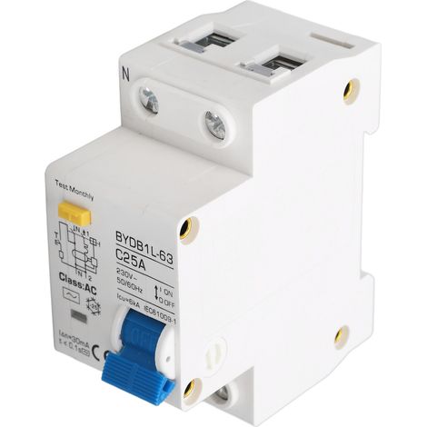 Disjoncteur différentiel BAOYI BYDB1L-63 C25A 230V 25A, protection contre les courants de fuite à la terre (30 mA), disjoncteur miniature 1P+N, montage sur rail DIN (1/5)