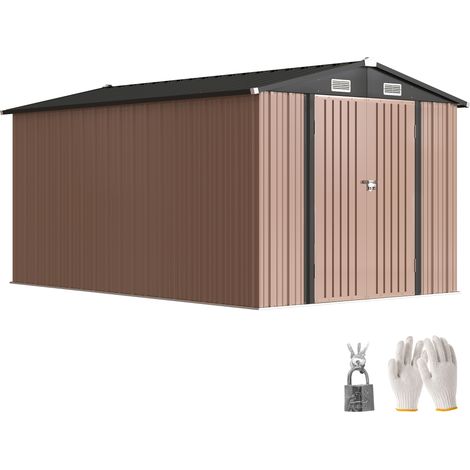 Capanno da Giardino in Metallo 364 x 238 cm con 4 Prese d'Aria e Porte Doppie con Serratura, Marrone