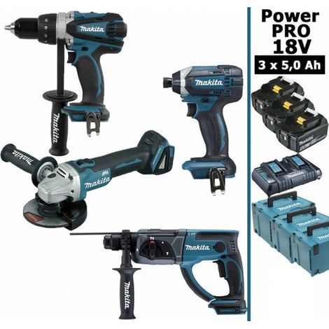 Pack Makita Power PRO 18V: DDF458 + DHR202 + DGA504 + DTD152 + 3 batt 5Ah + 3 Coffrets (1/9)