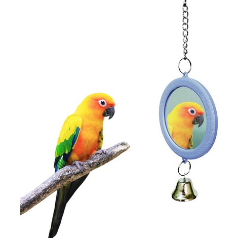Miroir à oiseaux avec clochette, jouet interactif pour perroquet, jouet rond pour perruches, calopsittes, canaris, perruches (bleu) (1/4)